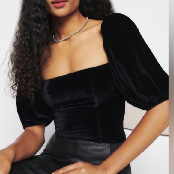 Reformation Luka Velvet Puff Sleeve Top Black Size 4 - Picture 1 of 9